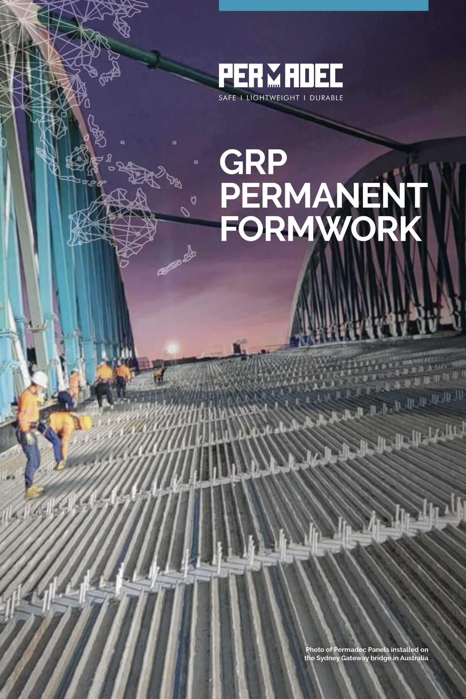 Construction workers installing Permadec panels on a large steel-arch bridge at sunset, with shear studs in place for composite slab construction