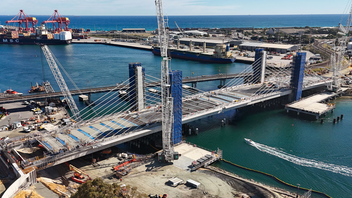 Aerial view of the Fremantle Traffic Bridge under construction, Fremantle WA - GRP permanent formwork supplied by Permadec